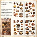 Set van 4 vintage handgetekende waterdichte PET-stickers met bakkerij- en thee-thema's - Hoek Theekamer