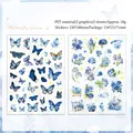Set van 2 elegante blauwe vlinder en bloemen PET stickers voor scrapbooking - Azuurblauwe Vlinderdroom