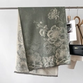 Close-up of double-sided floral jacquard scarf with retro green tones and elegant fringe - 66*186cm / Dark Green