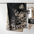 Close-up of double-sided jacquard scarf with floral peony pattern and fringe details - 66*186cm / Black