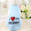 Close-up of light blue pet vest with 'I my mommy' print on soft knitted cotton fabric - Blue