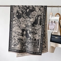 Detail of Toile de Jouy jacquard pattern with fringe edges on a winter warm shawl - 66*186cm / Gray