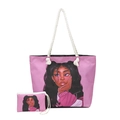 Pink tote bag set with black woman cartoon print and white thick rope handles - Style 1 With Small Pouch