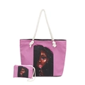 Pink tote bag set with black woman art print and white cotton rope handles - Style 2 With Small Pouch