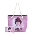 Purple tote bag set with cotton rope handles and cartoon girl illustration print - Style 3 With Small Pouch