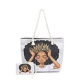Black woman with afro crown printed tote bag set with thick white cotton rope handles - Style 4 With Small Pouch