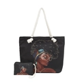 Borsa tote nera con stampa donna afro, pochette abbinata e manici in corda - Stile 8 Con Piccola Pochette