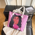 Borsa tote rosa con stampa ritratto di donna alla moda e manici in corda di cotone - Stile 1 Senza Piccola Pochette