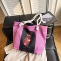 Borsa tote rosa con stampa artistica Black beauty e manici in corda di cotone - Stile 2 Senza Piccola Pochette