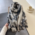 Scialle jacquard floreale spesso con frange grigio-blu e beige stile invernale - Grigio