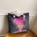 Borsa tote nera con stampa di ritratto e manici in corda bianca spessa per donna - Stile 7 Senza Piccola Pochette
