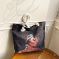 Borsa tote di moda con stampa illustrazione donna nera e manici in corda bianca - Stile 8 Senza Piccola Pochette