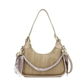 Khaki woven hobo shoulder bag with a decorative geometric pattern silk scarf and gold buckle - Khaki