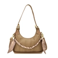 Brown woven hobo bag with sleek leather trim and a checkered scarf wrapped chain - Dark Khaki