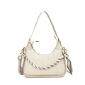 Chic cream woven crescent bag with decorative plaid scarf and golden chain details - White
