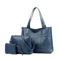 Three-piece dark teal tote bag set with pebbled leather texture and crossbody clutch - Lake Blue