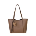 Brown litchi grain tote bag for women with a plush bear charm and woven ribbon - Khaki (With Charm)