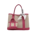 Secchiello in tela beige con finiture in pelle magenta e dettaglio foulard decorativo - Rosa Rosso