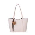 Minimalist beige tote bag in lychee leather with cute brown bear plush pendant - Off-White (With Pendant)