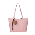 Pink faux leather tote bag with lychee texture and cute bear pendant charm accessory - Pink (With Pendant)