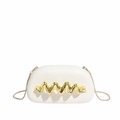Modern white hard shell clutch bag with gold wave metal trim and gold chain strap - White