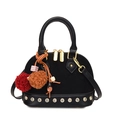 Elegant black shell-shaped handbag with rivet details and decorative charm strap - With Pendant / Black