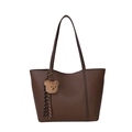 Dark brown tote bag with lychee texture and cute plush bear charm for daily use - Coffee (With Pendant)