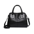 Classic black faux leather tote bag with silver metal buckles and adjustable strap - Black