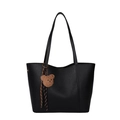 Minimalist black tote bag in lychee texture leather with cute brown bear charm - Black (With Charm)