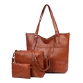Three-piece vintage brown faux leather tote bag set including crossbody and clutch purse - Yellow Brown