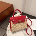 Red and khaki lamb wool Kelly bag with heart quilting and golden twist lock - Basic Style / Red