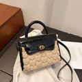 Lambswool crossbody Kelly bag with beige heart-embossed plush and black patent leather - Basic Style / Black