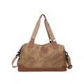 Large brown canvas travel duffel bag with leather accents and adjustable shoulder strap - Brown