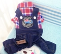 British style red blue plaid shirt with denim overalls for dogs and cats - XS / Red Plaid + Deep Blue Denim