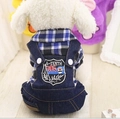 British style pet outfit featuring blue plaid shirt and denim overalls with badge - XS / Blue Black Plaid + Deep Blue Denim