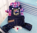 British style pet outfit with purple plaid shirt and dark blue denim overalls - XS / Pink Purple Plaid + Deep Blue Denim