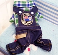 Green and blue plaid pet jumpsuit with dark blue denim overalls and shield patch - XS / Green Blue Plaid + Deep Blue Denim