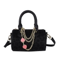 Black leopard print Boston bag featuring gold chains and pink strawberry charms - Black
