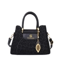 Bolso de hombro con estampado de leopardo negro, herrajes dorados y asa trenzada en blanco - Negro