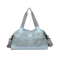Blue-grey canvas travel bag with light blue leather trim and a detachable shoulder strap - Blue