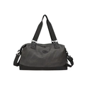 Dark grey canvas travel duffel bag with black leather base and adjustable shoulder strap - Black