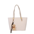 Chic beige faux leather tote bag with slender straps and brown plush bear charm - Off-White (With Charm)