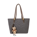 Gray leopard print tote bag with brown handles and a cute plush bear pendant - Grey (With Charm)
