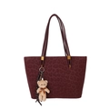 Deep red leopard embossed tote bag with gold hardware and plush bear charm decoration - Red (With Pendant)