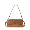 Brown vintage baguette bag in mixed leather finish with gold hardware and shoulder strap - Khaki