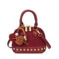 Red suede shell-style handbag with gold rivet studs and decorative plush charms - With Pendant / Red