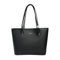 Borsa tote in pelle nera con grana litchi, fibbie argentate e scritte decorative - Nero