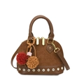 Brown suede shell bag with decorative rhinestones and plush charms on white background - With Pendant / Brown