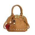 Brown frosted suede shell bag with rhinestone studs and decorative plush charm detail - With Pendant / Brown