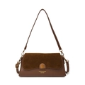French retro shoulder bag in brown suede and leather patchwork with golden buckle - Coffee
